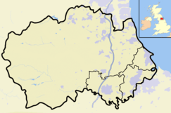 Map of England and Wales with a red dot representing the location of the Tuthill Quarry SSSI, Co Durham