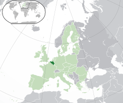 Location of  Belgium  (dark green)– in Europe  (green & dark grey)– in the European Union  (green)