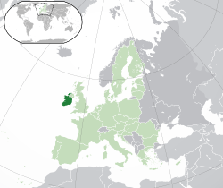 Location of  Ireland  (dark green)– in Europe  (green & dark grey)– in the European Union  (green)