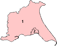 Outline map of the East Riding of Yorkshire with the borders of the City of Kingston upon Hull marked