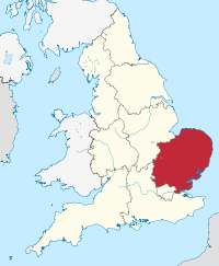 East of England, highlighted in red on a beige political map of England