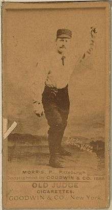 A baseball card featuring a player wearing a white shirt and dark pants throwing a baseball. The bottom of the card reads "MORRIS, P., Pittsburgh Copyrighted by GOODWIN & CO. 1888"
