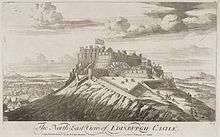 Engraving of a castle on top of a steep hill, above the title "The North East View of Edinburgh Castle". On the castle flies a large Union Flag with Scottish saltire part of flag most visible.