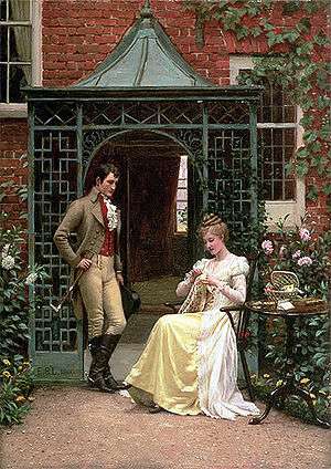A Regency era man stands near a sitting woman, preparing to propose marriage