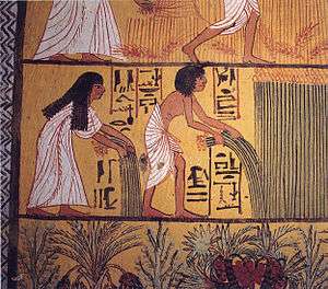 Two black-haired Egyptian peasants dressed in white-colored linen garb, standing in a field while collecting papyrus plants, with a motif of green vegetation at the bottom, and cut-off lower portion of another scene with peasants in a field at the top
