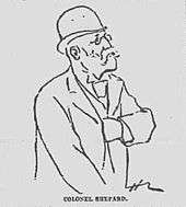 Line drawing of bespectacled, mustached man in a derby hat