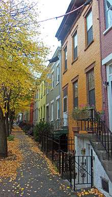 A long row of two-story, three-bay rowhouses in different colors seen looking down a city side street with trees in autumn color