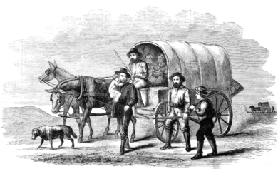 A drawing of European American homesteaders and their wagons