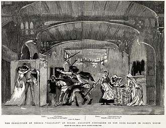 engraving of scene from Falstaff with the lovers behind a screen and Falstaff hidden in the laundry basket
