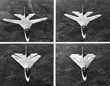 Black and white, four-photo series showing the sequence of a F-111A sweeping its wing for supersonic flight.