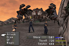 Three characters in a battle with a monster which resembles a mechanical spider. A gray menu at the bottom of the image shows the characters' health and bars representing the time left until they can act.