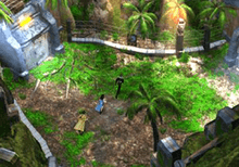 An overhead shot of three figures running through a jungle-like setting; a metal door and wire fences are visible above them.