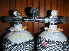  Two 12 litre steel cylinders with DIN outlet valves connected by a manifold with a central isolation valve.