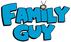 The Family Guy logo: bold blue letters in all caps spelling out Family Guy.. with a small cartoon antenna television used to dot the "i" in "Family"
