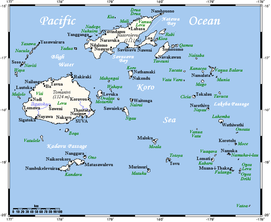 Fiji map showing Koro Sea and Koro Island