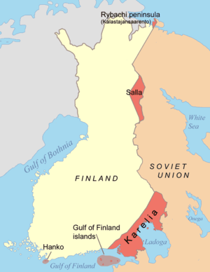 Drawing shows that the Finns ceded a small part of the Petsamo Kalastajansaarento, part of Salla in the Finnish Lapland, part of Karelia, islands of the Gulf of Finland and lease Hanko peninsula.