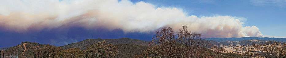 Panorama of a hilly expanse featuring a large smoke trail covering more than half of the visible sky.