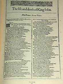 A photograph of the first page of Shakespeare's play "King John", with two columns of text below.