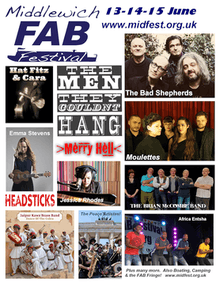 Poster depicting artistes Ade Edmondson & The Bad Shepherds, The Men They Couldn't Hang, Hat Fitz & Cara, The Peace Artistes, Emma Stevens, Brian McCombe Band, Moulettes, Headsticks, Merry Hell, Jaipur Kawa Brass Band, Africa Entsha, Jessica Rhodes