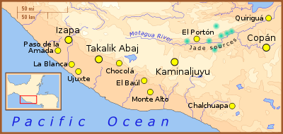Map showing Quiriguá's location at the eastern end of the Motagua drainage and showing a tight cluster of jade sources upriver to the west. The landmass is bordered by the Pacific Ocean to the southwest.