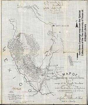 A photo of a black and white hand drawn map from 1880 showing Fort Davis and the Chinati Mountains used during military campaigns against the Apache Indians led by Victorio