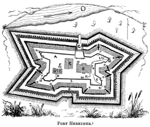Fort Herkimer lay on the south side of the Mohawk River.  It was a roughly rectangular construction with pointed bastions and indentations in walls.  Inside were barracks and other structures.