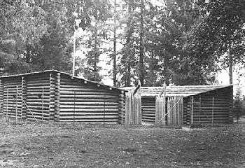 Fort Clatsop replica nearing completion, ca. 1955