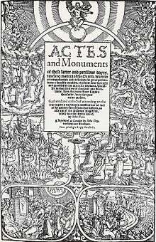 A photograph of the wood block print of the Book of Martyrs. The book's title is in the centre and various scenes from the book are depicted around it.