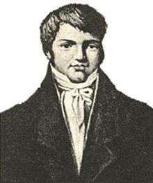 Black and white print of a young man with dimpled chin. His hair is parted on the viewer's left. He wears a dark coat open to show a frilled white shirt.