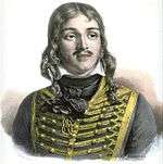Color-tint print of a man with a moustache and hair reaching to his shoulders. He wears a dark hussar uniform of the 1790s.