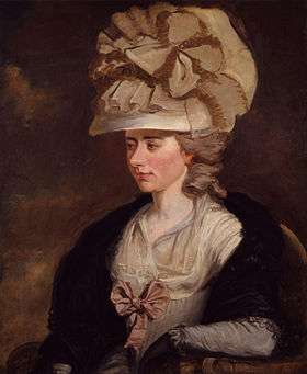 Half-length portrait of a woman looking left and away from the viewer. The painting is done in a palette of browns. Her hat, with its elaborate bow, dominates the top third of the painting. She is wearing a cream-colored dress with a rose-colored bow on the front of the bosom.
