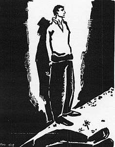 A black-and-white illustration of a man standaing against a wall, his hands bound behind his back