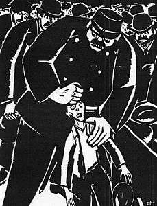 A black-and-white illustration of a large police officer strangling a smaller man