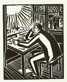 Black-and-white illustration of a man seated and hunched over a table, facing left, hold his art tools.  Out the window on the left, the sun beats down upon the man.