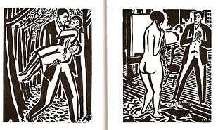 Two panels from wordless novel.  On the left, a man carries a woman through the woods.  On the right, a man looks at a nude in a studio.