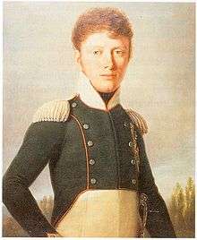 Painting shows a young man with curly brown hair wearing a dark blue double breasted military jacket.