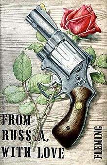 Book cover, with a drawing of a revolver lying on a rose; the stem passes through the trigger guard. In black block letters in the bottom left hand corner is the title, and the authors name appears in black block letters in the bottom right.