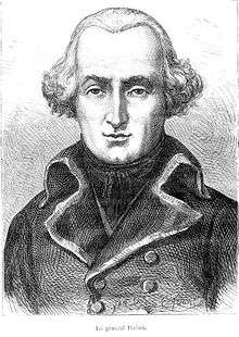 Black and white print of a man in a dark 1790s era military coat. His light-colored hair is curled up at the ears.