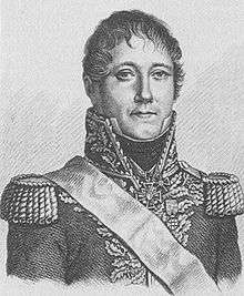 Black and white print of a clean-shaven and long-headed man. He wears a military uniform of the Napoleonic era with a high collar, gold braid and epaulettes.