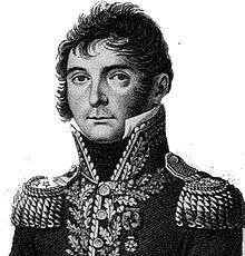 Black and white print of a man in a dark, high-collared Imperial French uniform of the early 1800s.