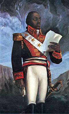 A painting of Louverture in a military uniform holding a document