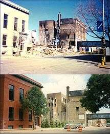 Two images of the same area. The top image shows several buildings, one with fire damage. A large pile of rubble is located between them. A tree at the right has no leaves on it. The bottom image shows the same buildings now painted and somewhat restored. The pile of rubble has been replaced with multiple small trees. The tree at the right is full of green leaves.