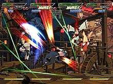Busy video game screen, with four characters shooting at once