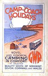 A stylised painting of a coast line in red and blue with the sea on the left and a railway coach on the right. At the top is the title "Camp-Coach Holidays", and at the bottom it says Novel and economical camping in comfort in selected beauty spots of Somerset, Devon, Cornwall and Wales"."