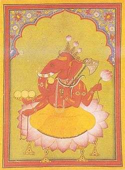 Attired in an orange dhoti, an elephant-headed man sits on a large lotus. His body is red in colour and he wears various golden necklaces and bracelets and a snake around his neck. On the three points of her crown, budding lotuses have been fixed. He holds in his two right hands the rosary (lower hand) and a cup filled with three modakas (round yellow sweets), a fourth modaka held by the curving trunk is just about to be tasted. In his two left hands, he holds a lotus above and an axe below, with its handle leaning against his shoulder.