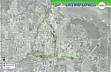 A map showing the route of the planned Gateway Express project displayed on an aerial photograph of the area.