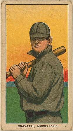 Baseball card of a man in a gray baseball uniform holding a bat in a right-handed batting stance. Text along the bottom reads "CRAVATH, Minneapolis".