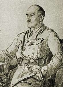 Drawing of a hatless commanding officer with a mustache