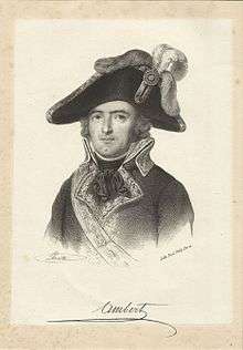 Signed sketch of a man with a dimpled chin in a large bicorne hat. He wears a dark late 18th century military uniform coat trimmed with gold lace.