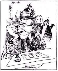A black and white drawing of a man wearing a brimmed hat, seated at a drawing table, with his right hand on his forehead.  He holds a cigarette in his right hand, and is surrounded by cartoon characters: a mouse on his hat, a long-billed bird looking over his left shoulder, a cat in front of him, and a dog to his right.